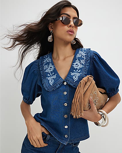 Blue Denim Puff Sleeve Embroidered Shirt