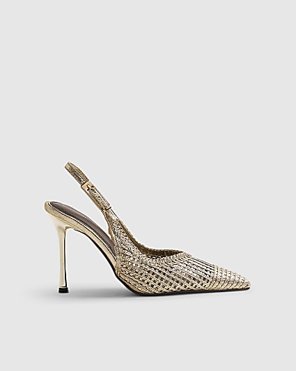 Gold Woven Stiletto Heel Sling Back Court