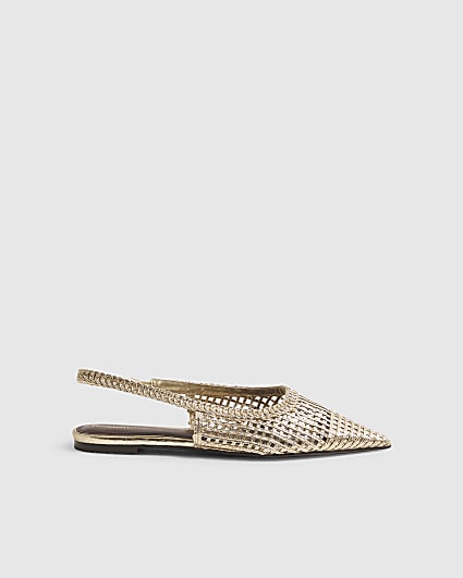 Gold Woven Slingback Flat Shoes