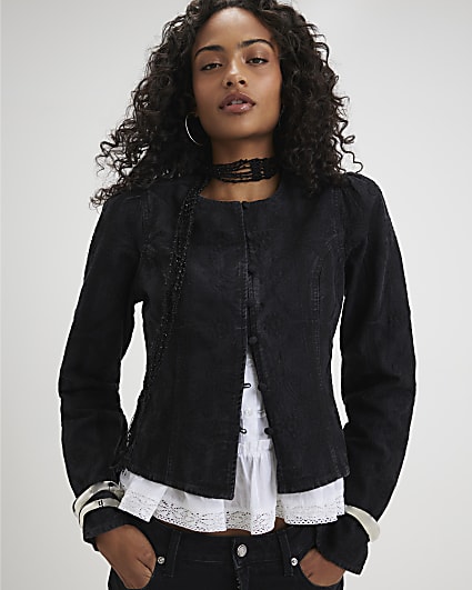 Black Denim Embroidered Drummer Jacket