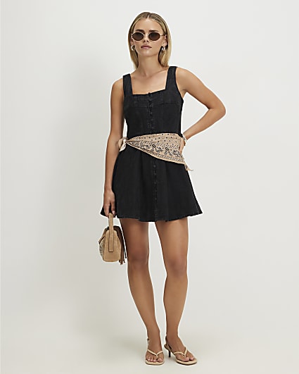Petite Black Denim Embroidered Swing Dress