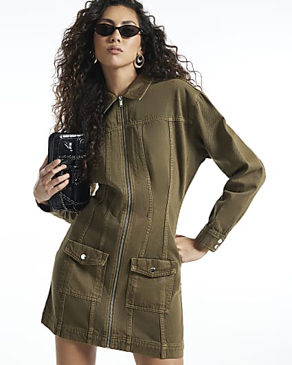 Khaki Denim Zip Through Dress