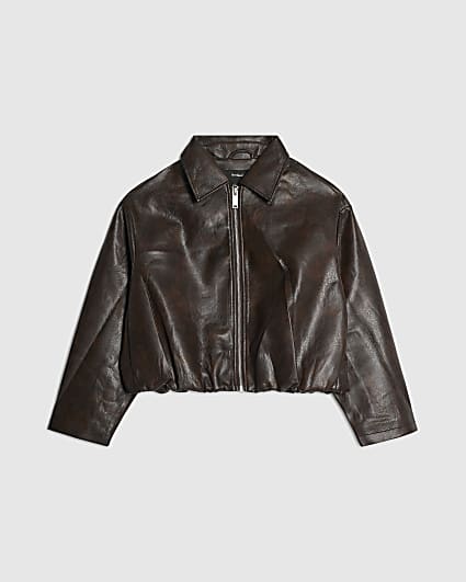 Petite Brown Faux Leather Bomber Jacket