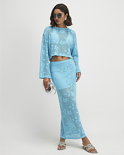Blue Crochet Maxi Skirt