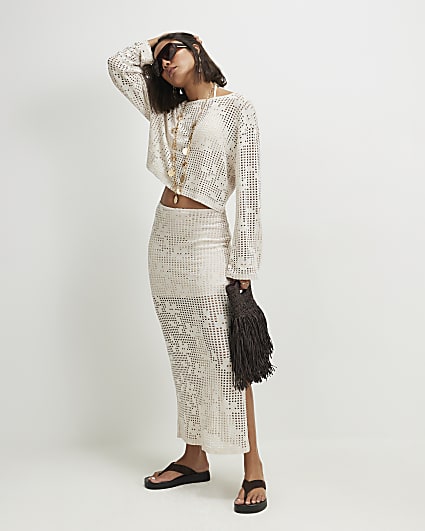 Beige Floral Crochet Maxi Skirt