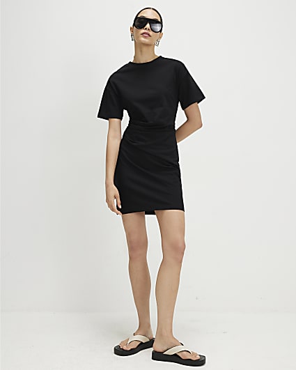 Black Cotton Twist Tuck Side Mini Dress