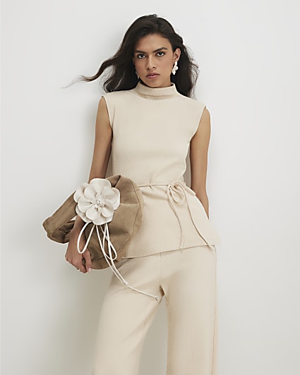 Beige Cotton Blend Textured Tie Belt Top