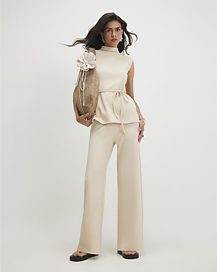 Beige Cotton Blend Textured Wide Leg Trousers