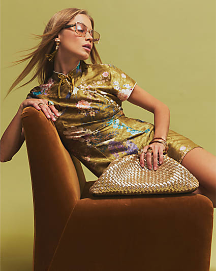 Gold Leather Ruched Woven Clutch Bag