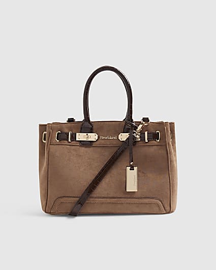 Beige Faux Suede Soft Lock Front Tote Bag