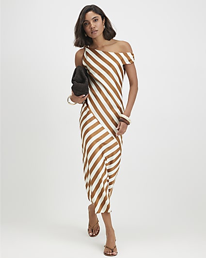 Cream Stripe Satin Asymmetric Midi Dress