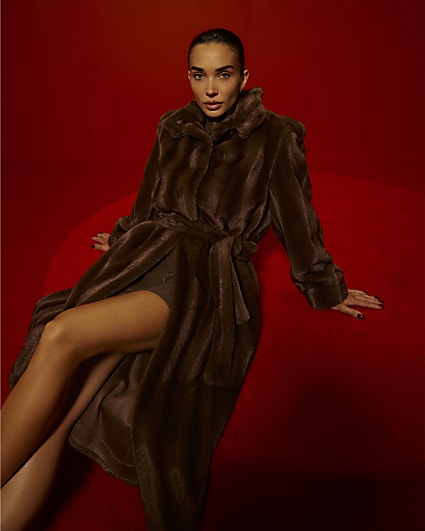 Brown Faux Fur Belted Robe Coat