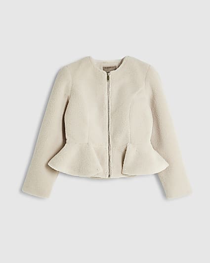Petite Cream Collarless Borg Peplum Jacket
