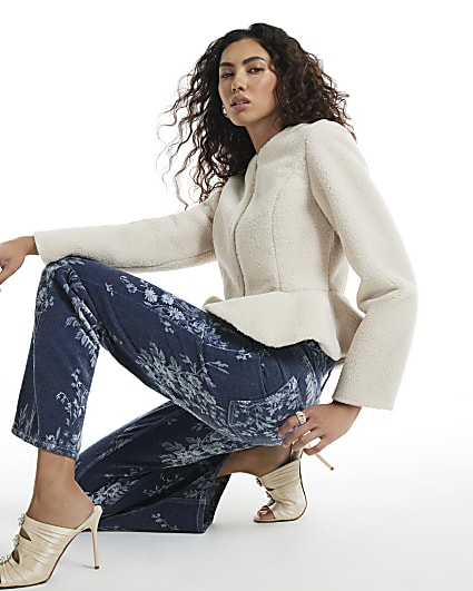 Cream Collarless Borg Peplum Jacket