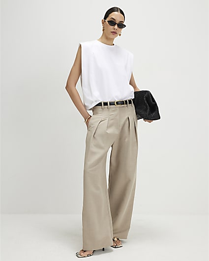 Beige Wide Leg Trousers