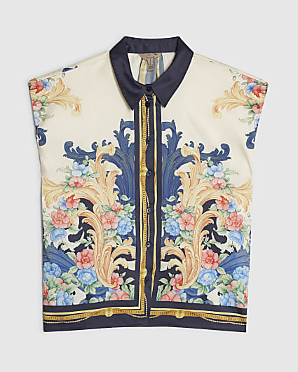 Petite Cream Satin Printed Boxy Shirt