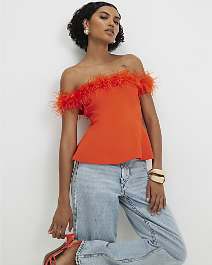 Orange Satin Bardot Feather Trim Corset Top