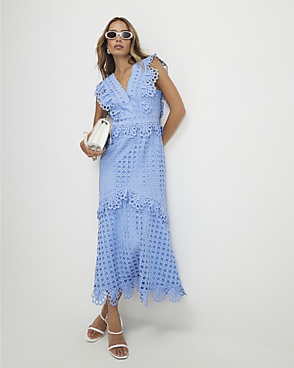 Blue Broderie Midi Dress
