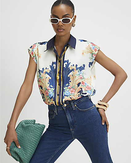 Cream Satin Printed Boxy Shirt