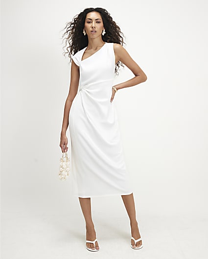 Cream Tie Side Drape Midi Dress
