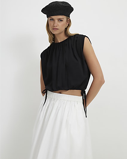 Black Cotton Short Sleeve Bubble Hem T-shirt