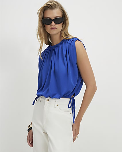 Blue Cotton Sleeveless Bubble Hem T-shirt