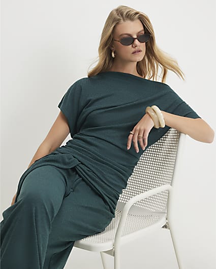 Green Cotton Banded Hem Drape Top