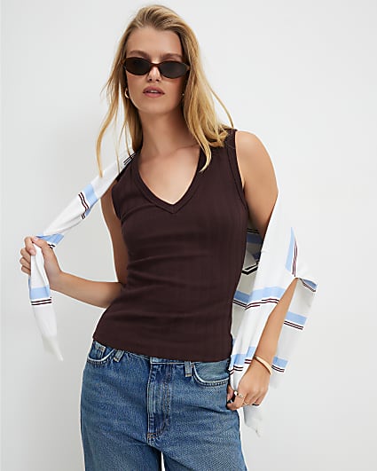 Brown Wide Ribbed V Neck Tank Top