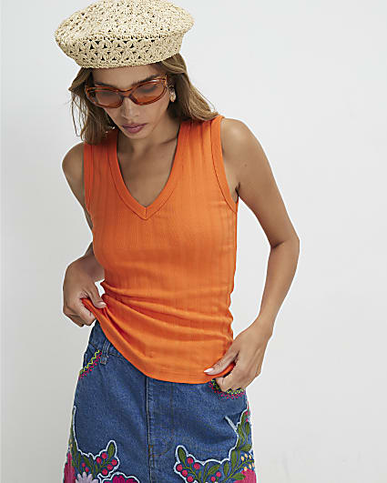 Orange Cotton Blend Wide Rib V Neck Tank Top