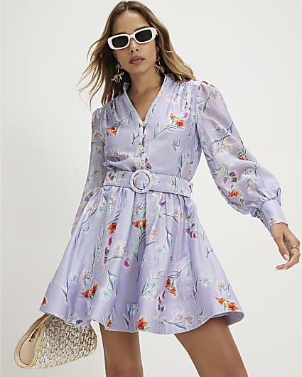 Purple Linen Blend Floral Shirt Dress