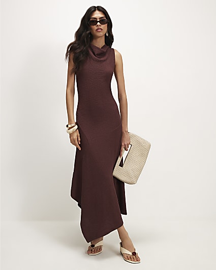 Brown Textured Sleeveless Midi Dress