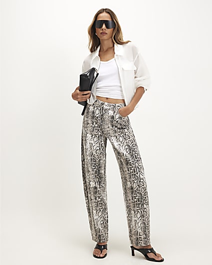 Grey Snake Print Barrel Leg Jeans