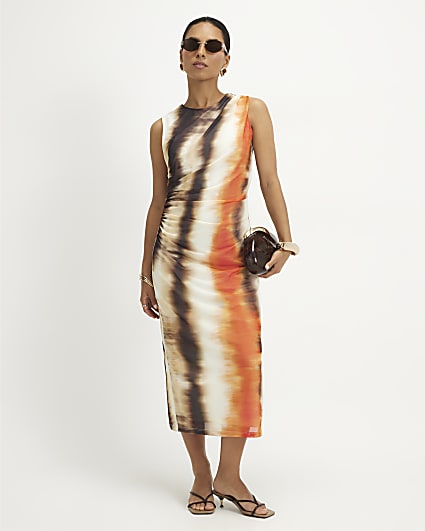 Petite Orange Mesh Blur Print Maxi Dress