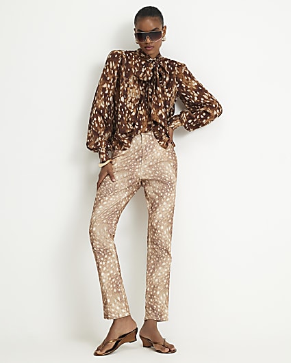 Beige Deer Print Cigarette Jeans