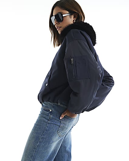 Navy Faux Fur Collar Hybrid Bomber Jacket