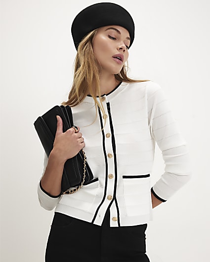 White Button Through Tipped Military Cardigan