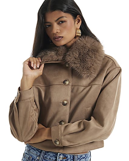 Beige Faux Suede Faux Fur Collar Jacket