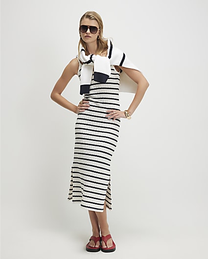 Navy Crochet Striped Midi Dress
