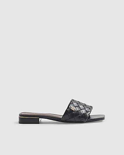 Black Woven Mule Flat Sandals