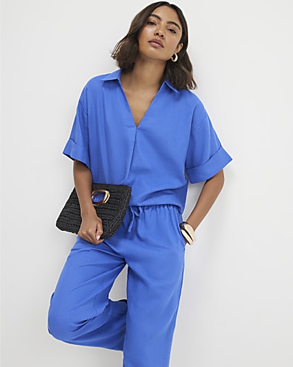 Blue Linen Blend Short Sleeve Shirt