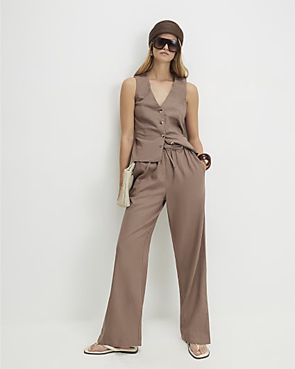 Beige Linen Blend Tapered Trousers