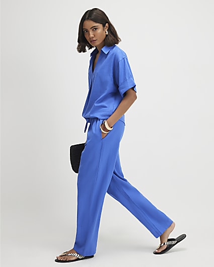 Blue Linen Blend Tapered Trousers