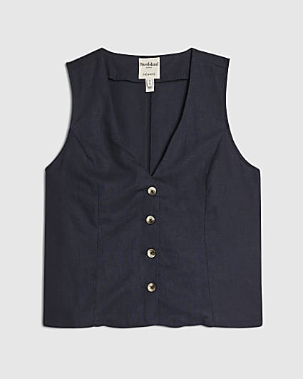 Petite Navy Linen Blend Waistcoat