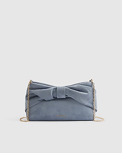 Blue Faux Suede Bow Clutch Bag