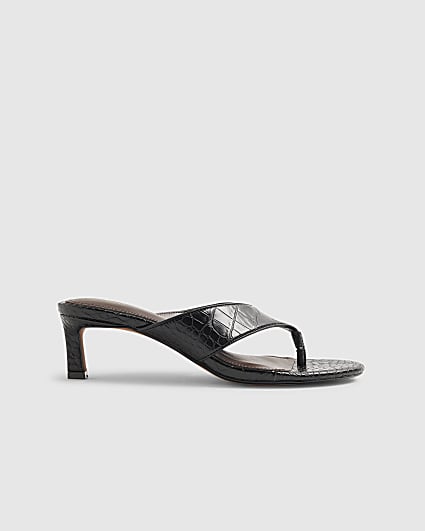 Black Croc Toe Thong Heeled Mules