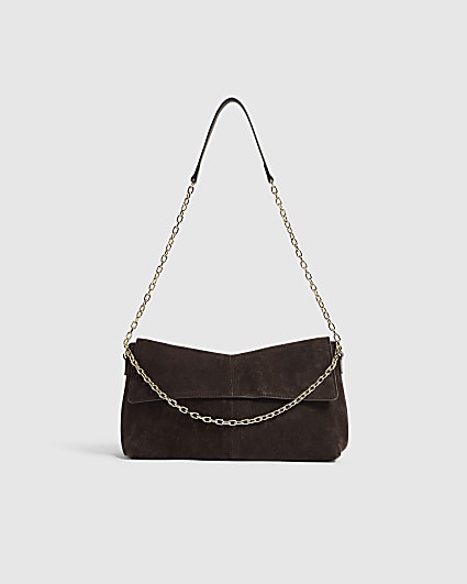 Brown Chain Handle Suede Shoulder Bag