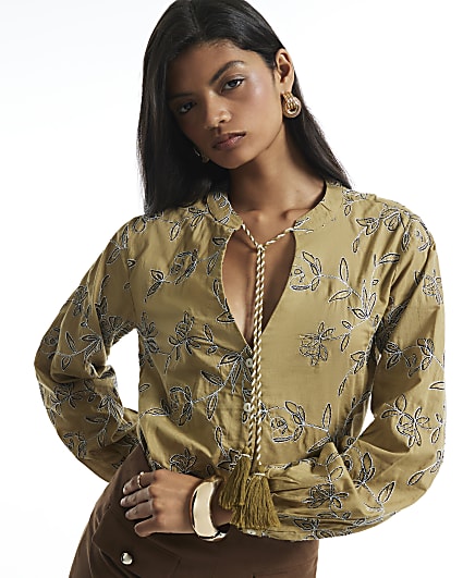 Green Cotton Floral Embroidered Blouse