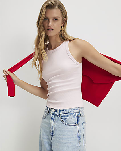 Pink Cotton Blend Sleeveless Ribbed Tank Top