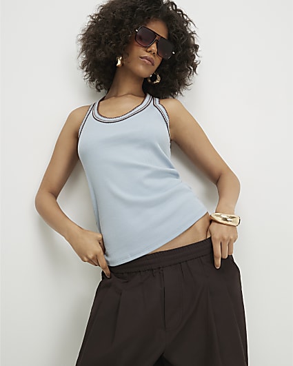 Blue Cotton Blend Whipstitch Tank Top