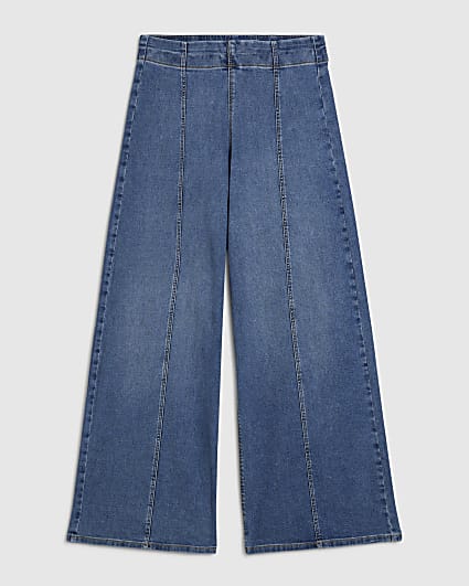 Petite Blue  High Rise Pull On Palazzo Jeans